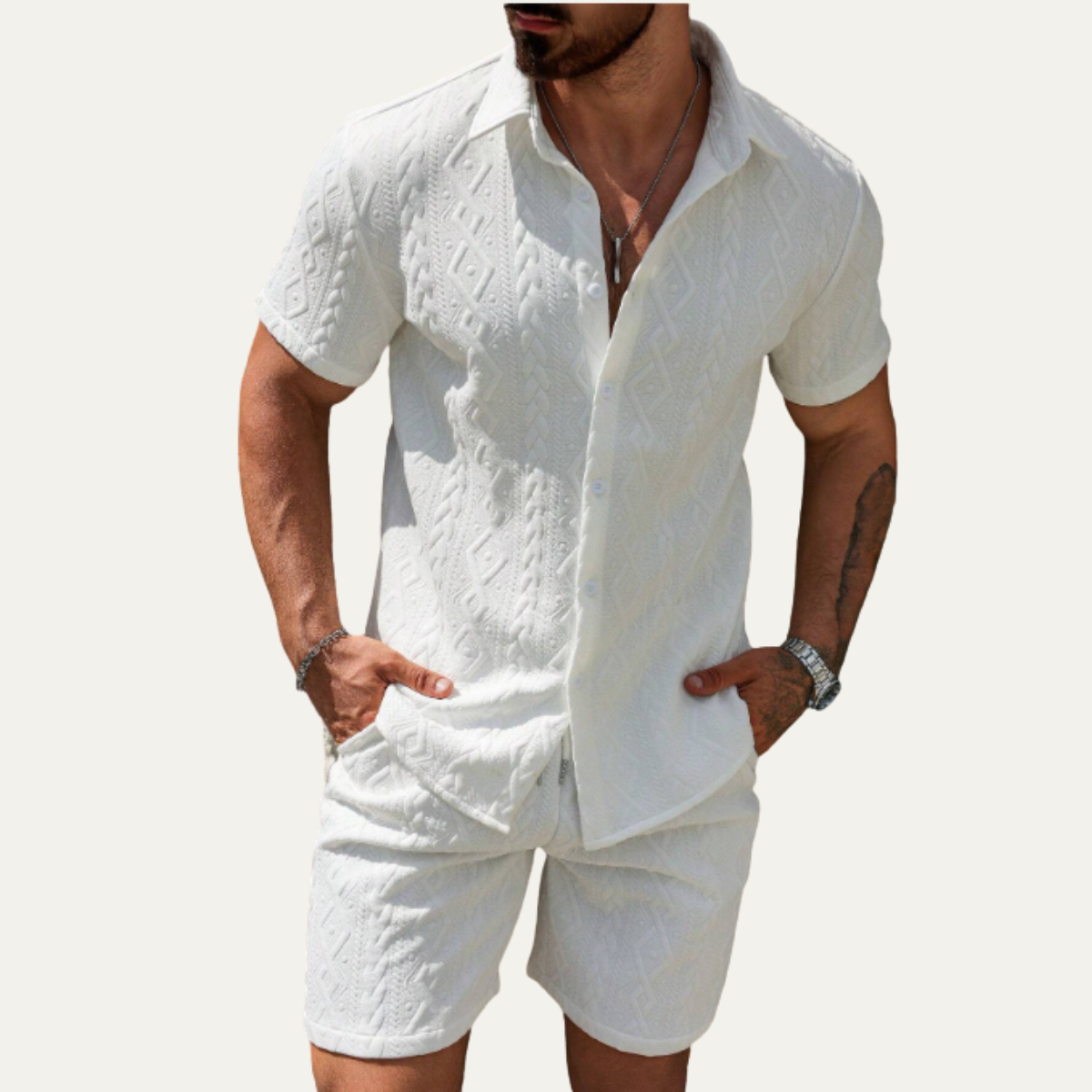 Ives | Men's Cable Knit Button Up Shirt Brown Short Sleeve