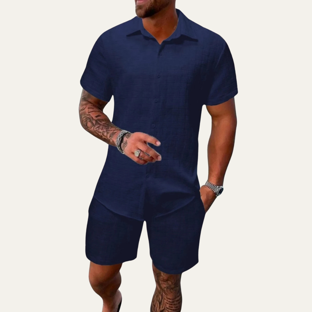 Kai | Men's Linen Shorts Set Cream Button Up Short Sleeve