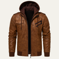 Dama Washington Axel men's leather hooded jacket brown utility pockets - front view