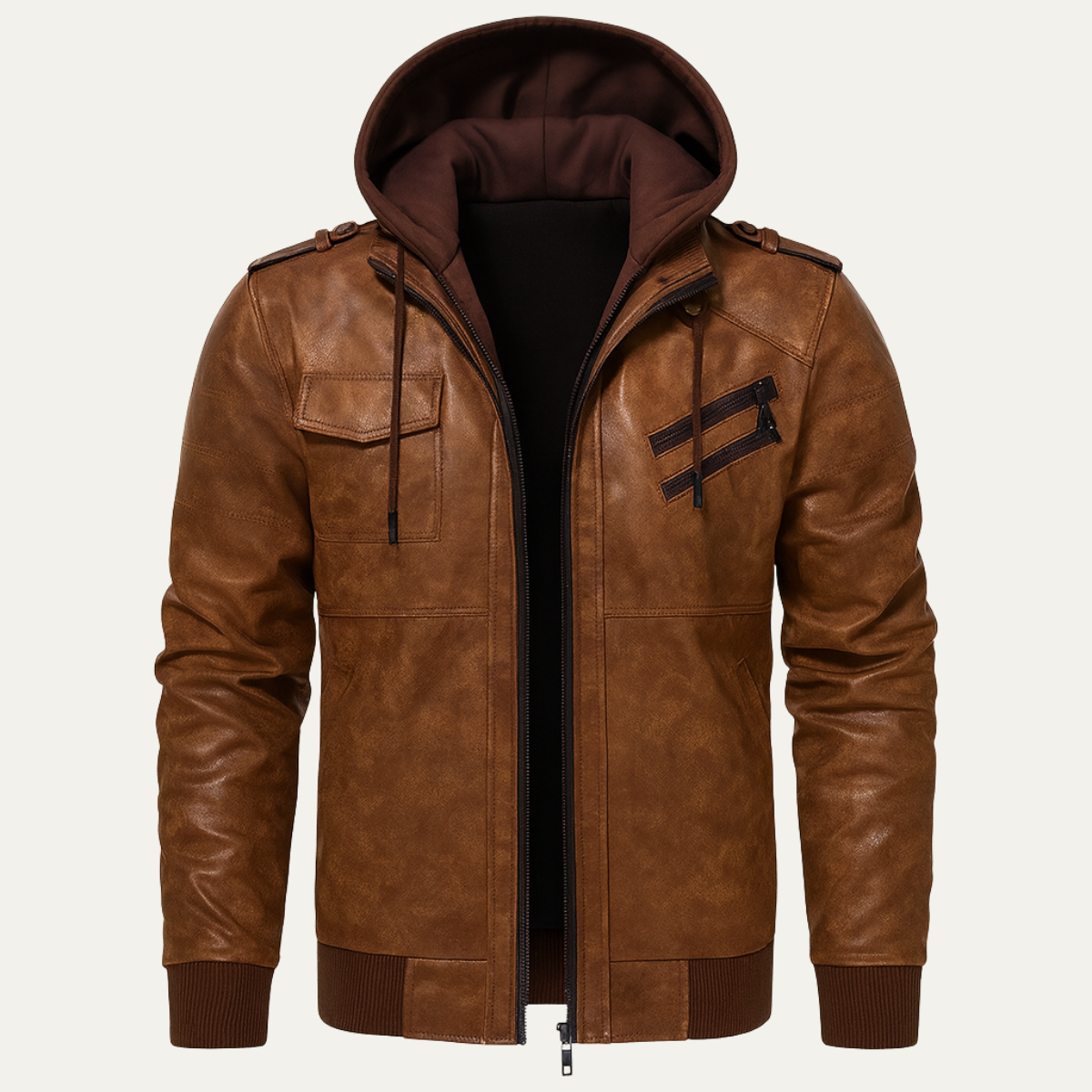 Axel | Men's Leather Hooded Jacket Brown Utility Pockets
