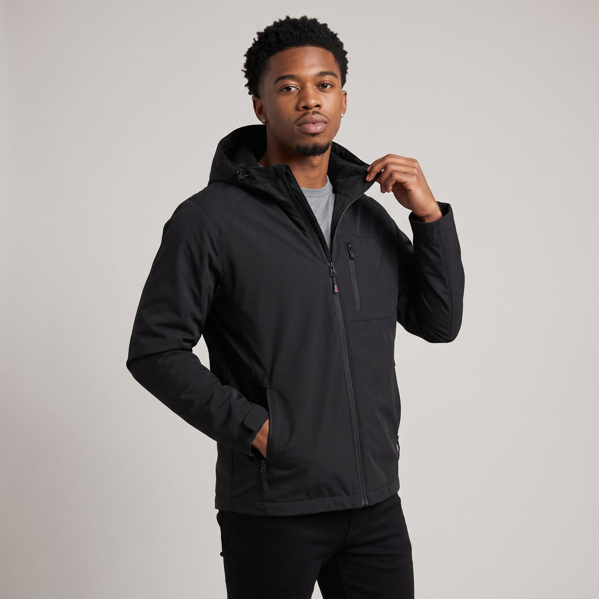 Dama Washington Wyatt men's lightweight waterproof hooded windbreaker black - model front view