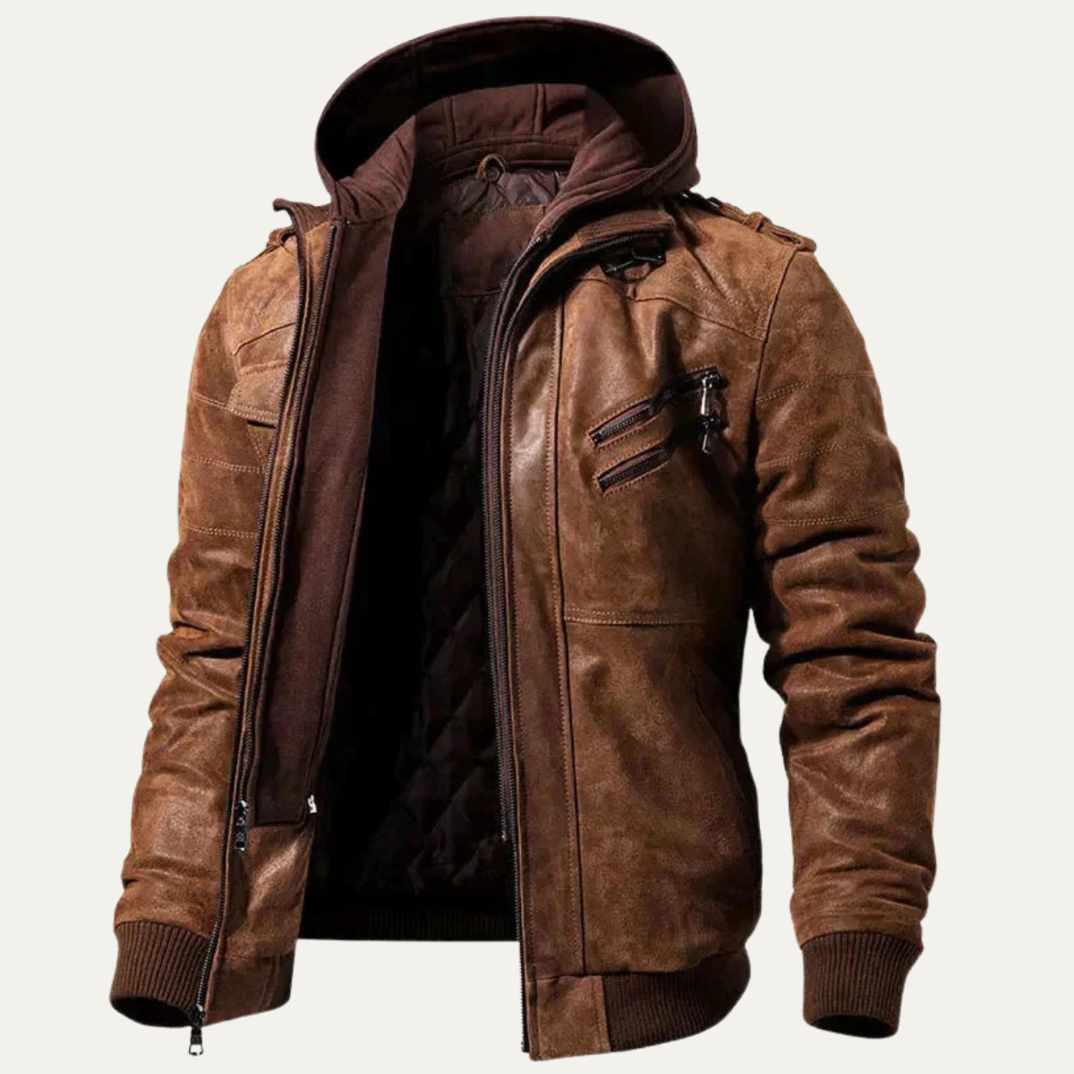 Axel | Men's Leather Hooded Jacket Brown Utility Pockets