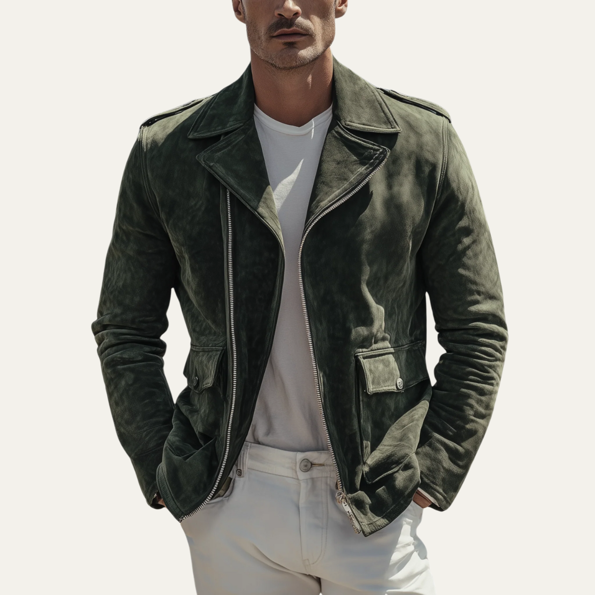 Jasper | Men's Vintage Moto Jacket Olive Green Suede