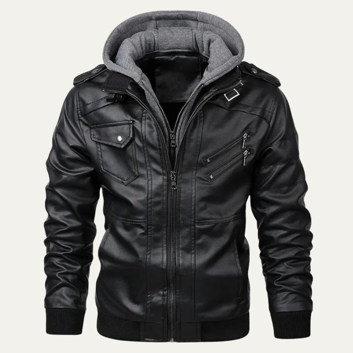 Axel | Men's Leather Hooded Jacket Brown Utility Pockets