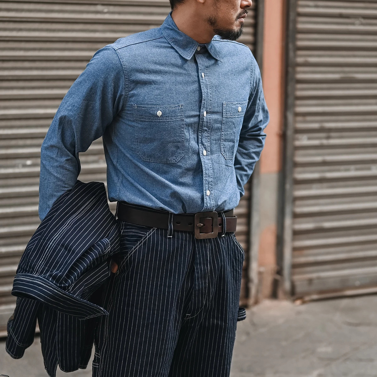 Ezra | Men's Denim Shirt Blue Light Wash Long Sleeve