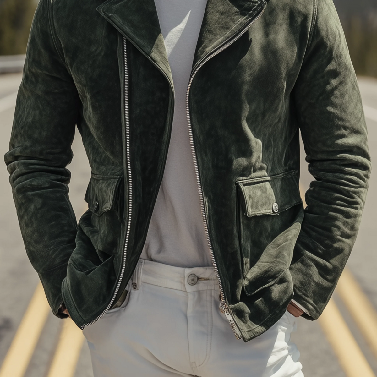 Jasper | Men's Vintage Moto Jacket Olive Green Suede