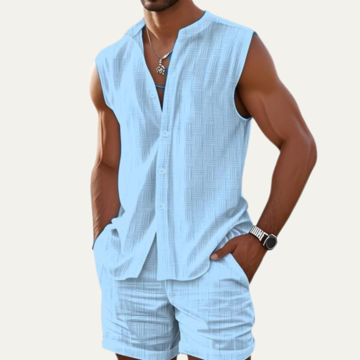Axel | Men's Casual Sleeveless Button Up Shirt Light Blue Textured