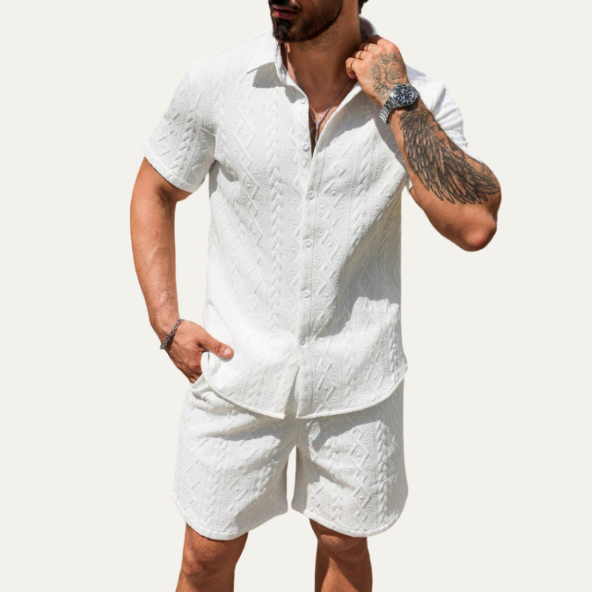 Ives | Men's Cable Knit Button Up Shirt Brown Short Sleeve