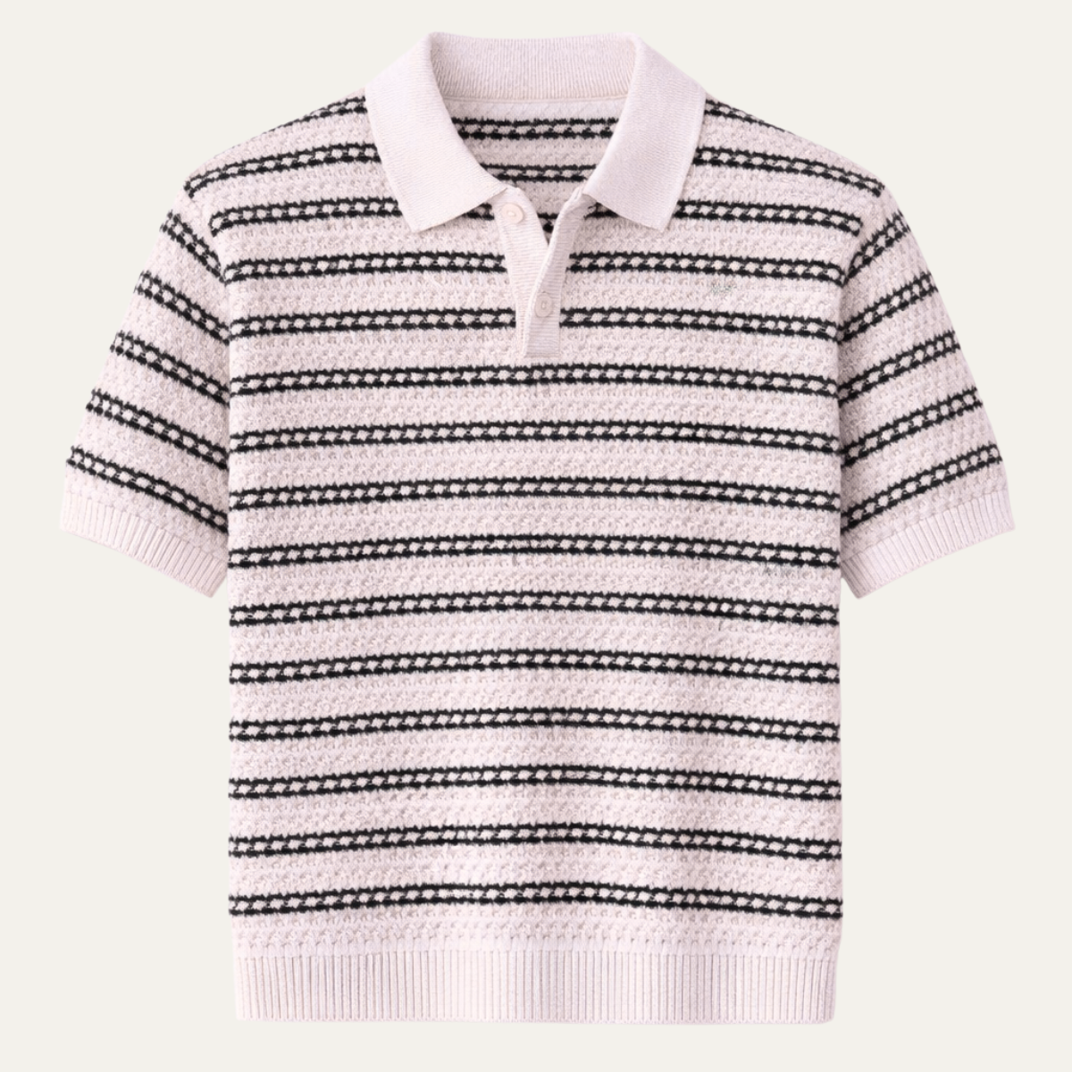 Beau | Men's Striped Knit Polo Cream Black Collared