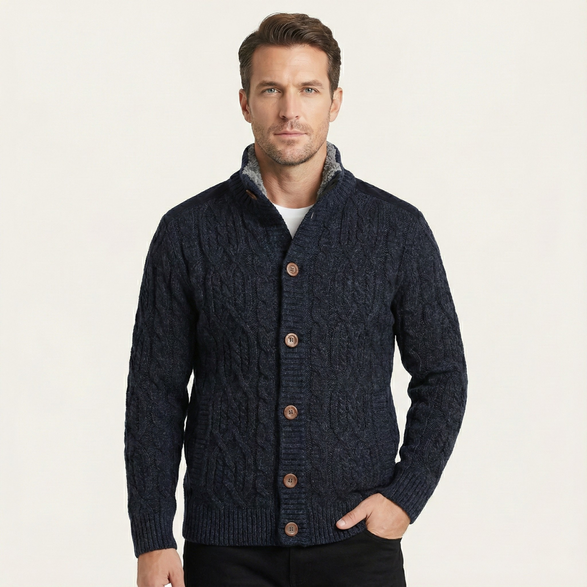 Ash | Men's Cable Knit Cardigan Tan Button Up Sweater