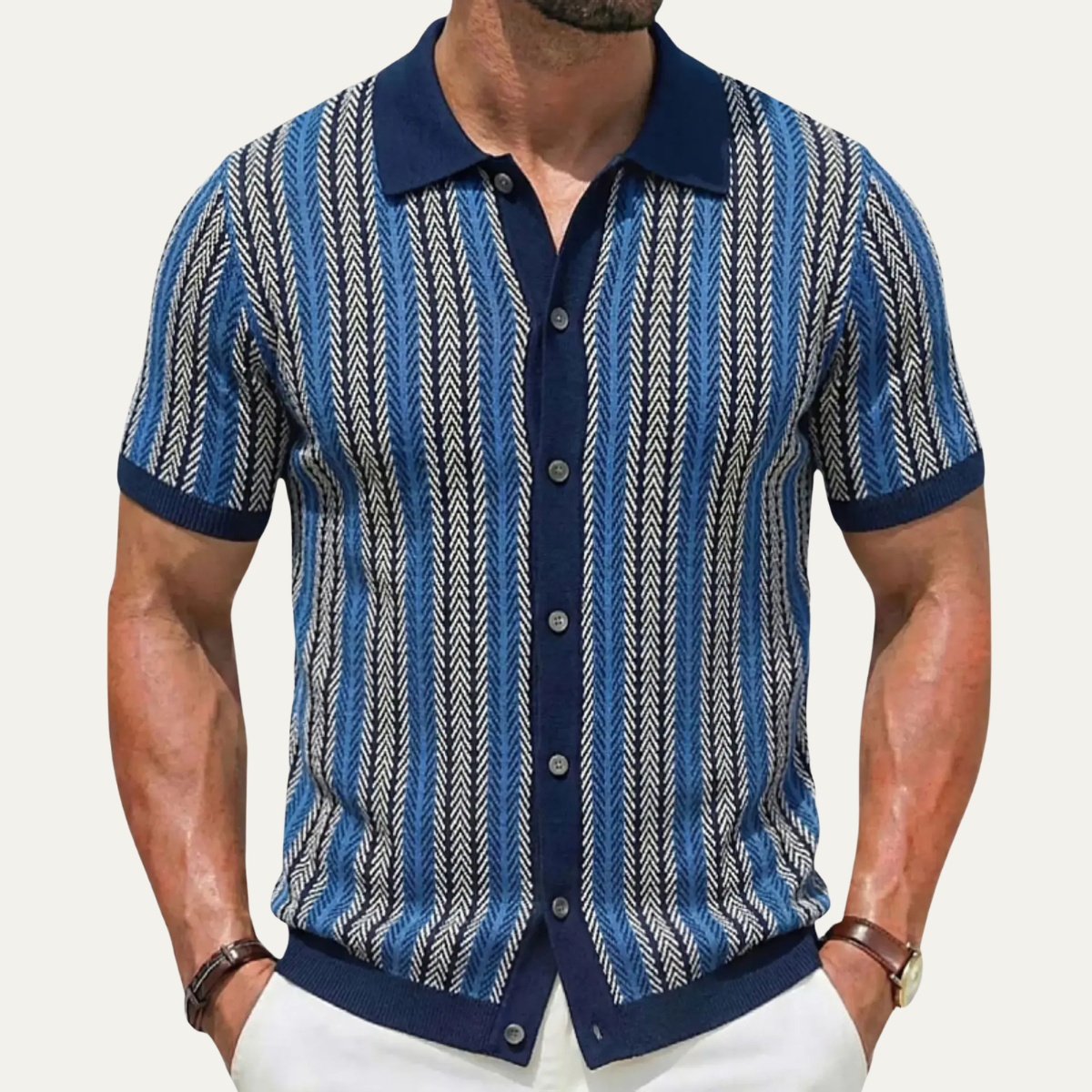 Beau | Men's Striped Knit Polo Shirt Red Brown Short Sleeve