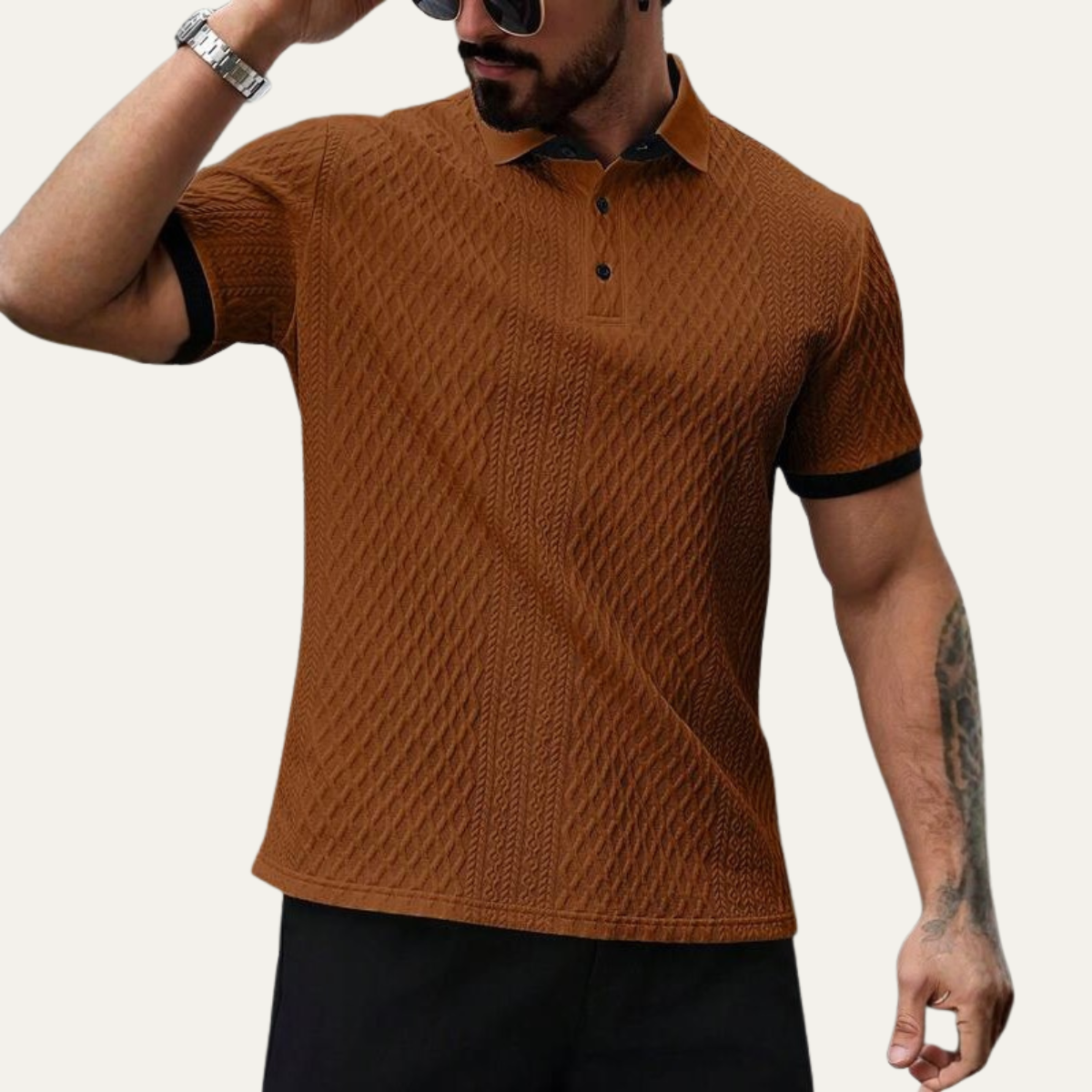 Beau | Men's Textured Polo Shirt Brown Contrast Trim