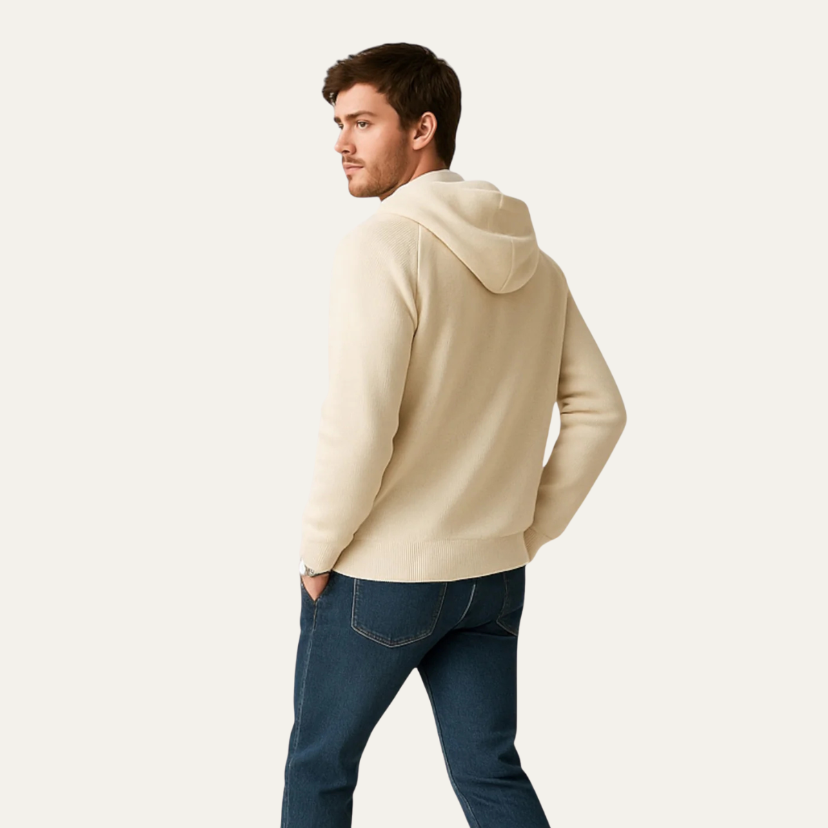 Sage | Men's Zip Up Hoodie Cream Ribbed Knit