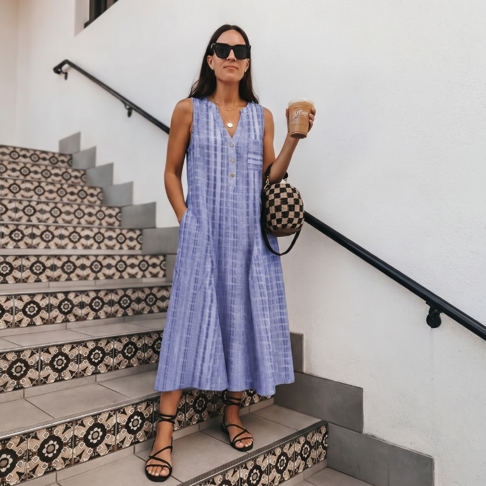 Dama Washington Luisa women's linen striped midi dress cream button front - view 4