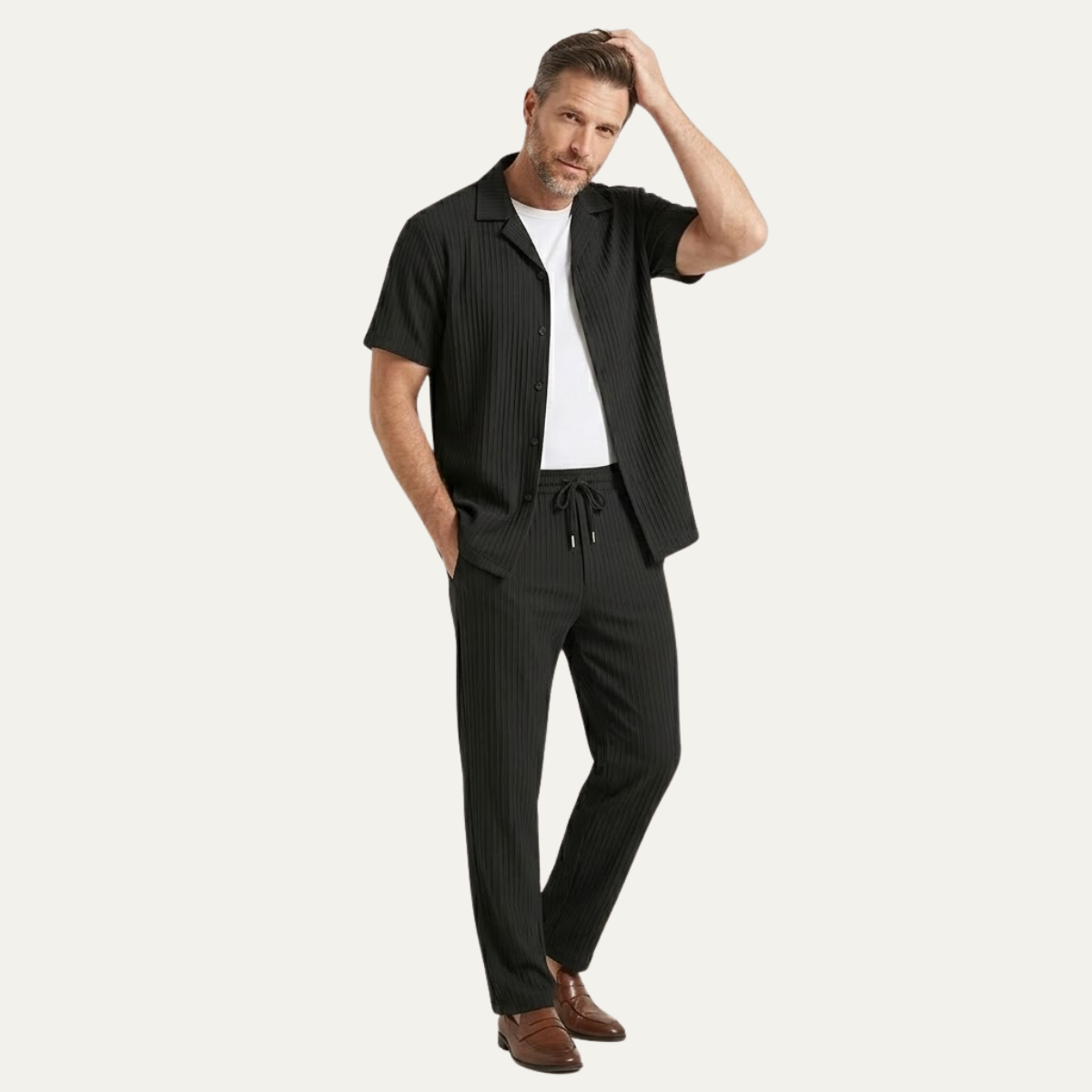 Axel | Men's Casual Pinstripe Linen Set Navy Short Sleeve