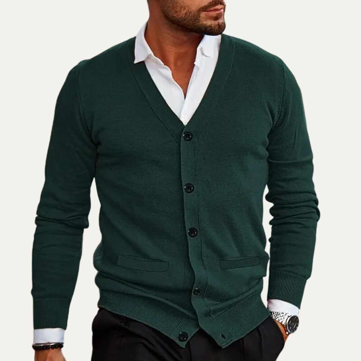 Leo | Men's Cardigan Cream V Neck Button Up Long Sleeve