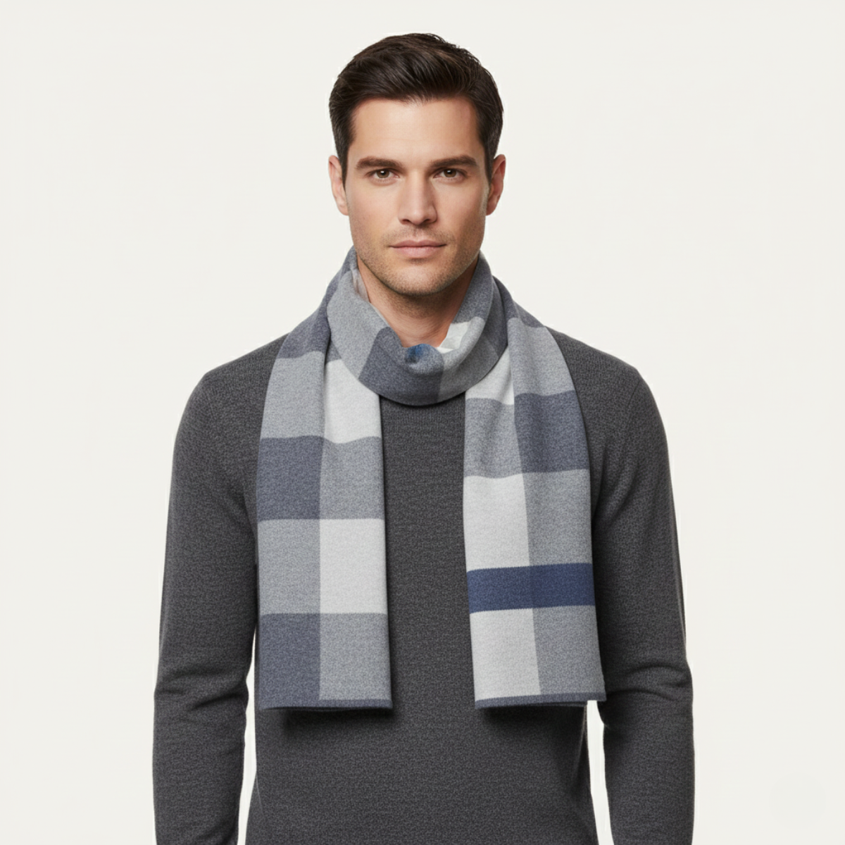 Bram | Men's Plaid Knit Scarf Gray Black Cream