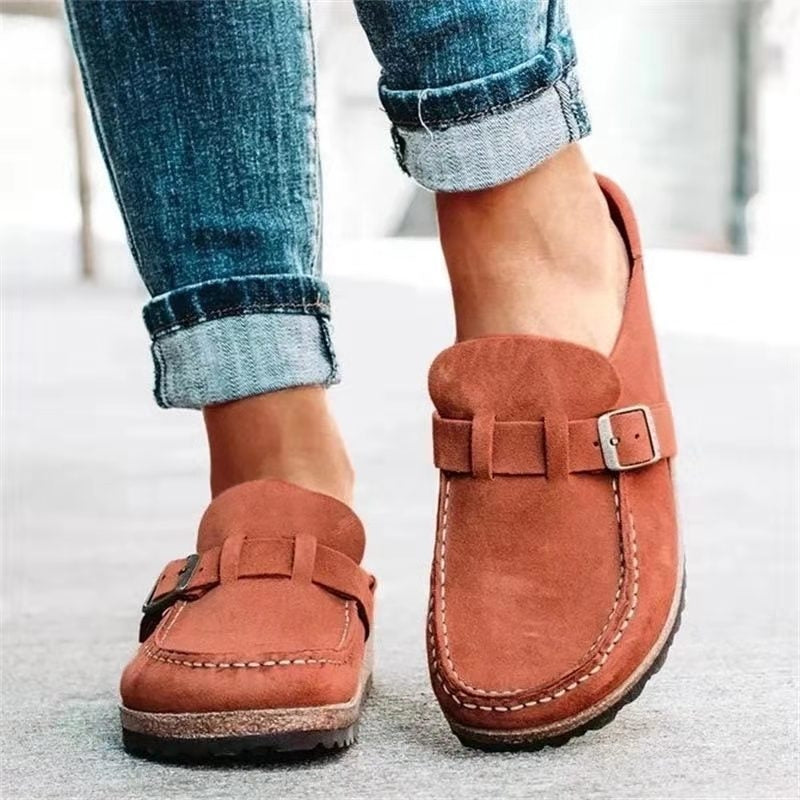 Greta | Women's Suede Loafer Mule Rust Buckle Detail