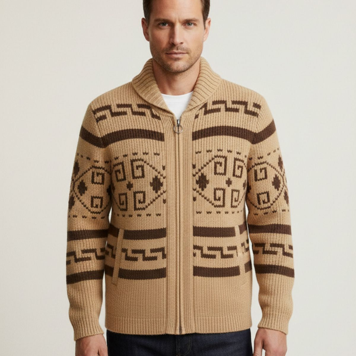Bram | Men's Vintage Shawl Collar Cardigan Cream Geometric Pattern
