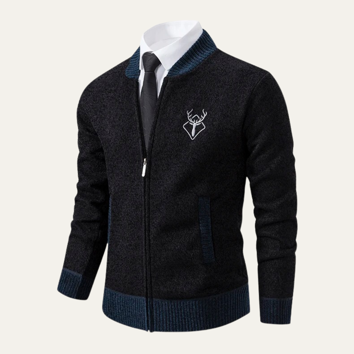 Bram | Men's Wool Blend Cardigan Navy Black Collar