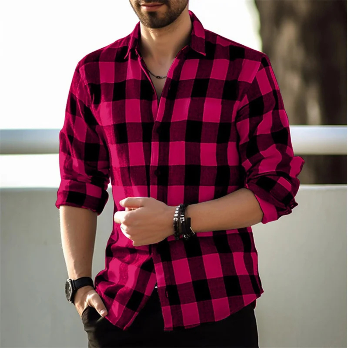Axel | Men's Check Button Up Shirt Purple Black