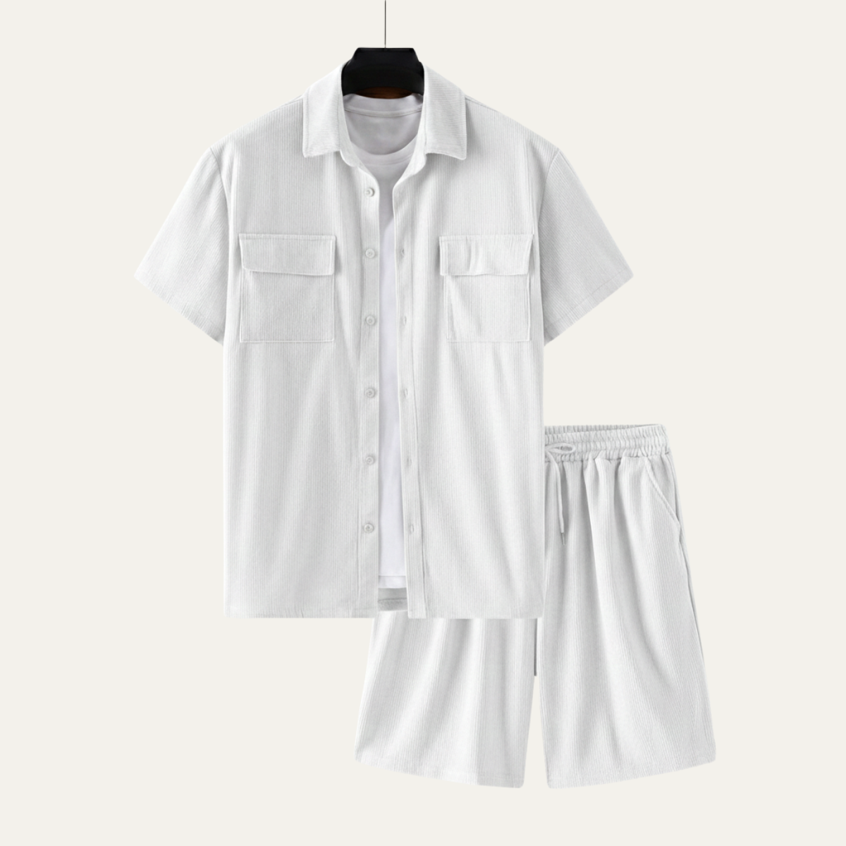 Beau | Men's Casual Corduroy Shorts Set Tan Short Sleeve
