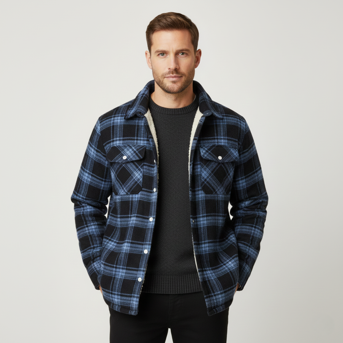 Bram | Men's Flannel Shirt Black White Plaid Long Sleeve Button Up