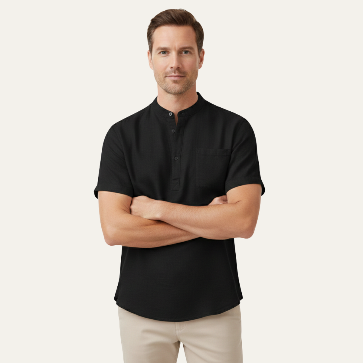 Callum | Men's Casual Linen Henley Black Short Sleeve
