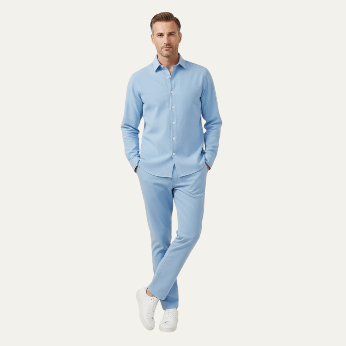 Ivo | Men's Lounge Set Cream Button Up Shirt Drawstring Pants