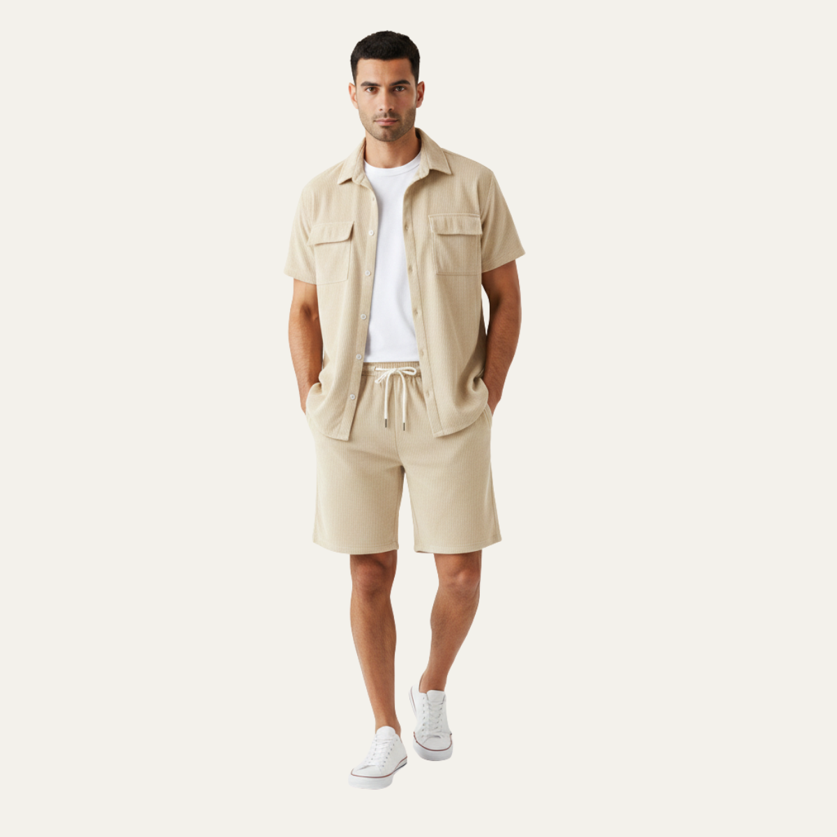 Beau | Men's Casual Corduroy Shorts Set Tan Short Sleeve