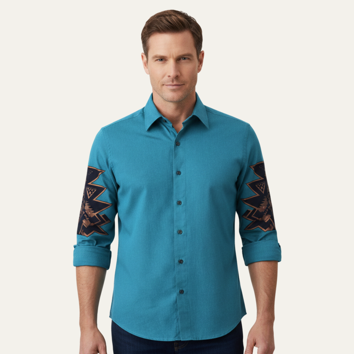 Wyatt | Men's Boho Button Up Shirt Teal Geometric Sleeves
