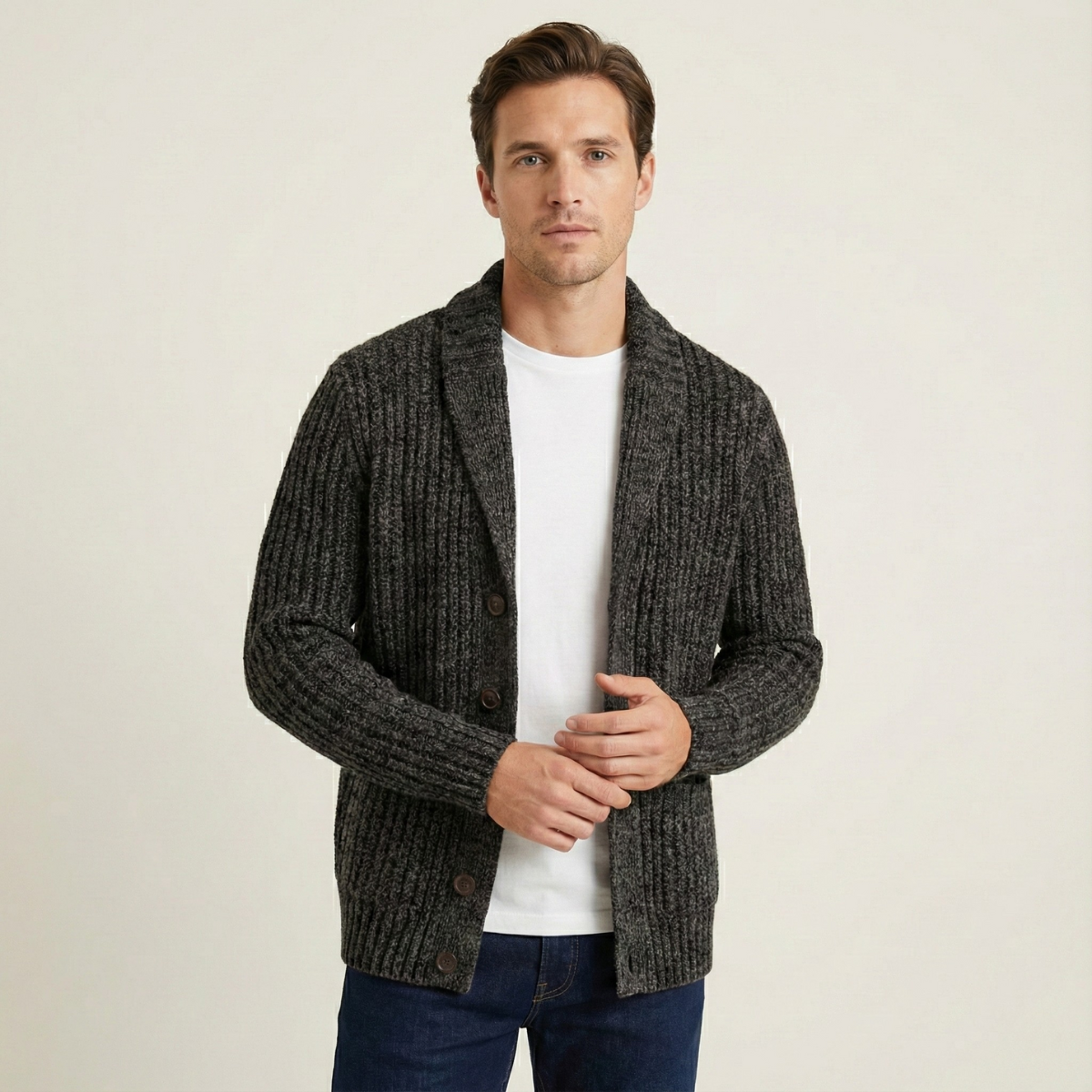Rhys | Men's Chunky Cable Knit Cardigan Burgundy Shawl Collar