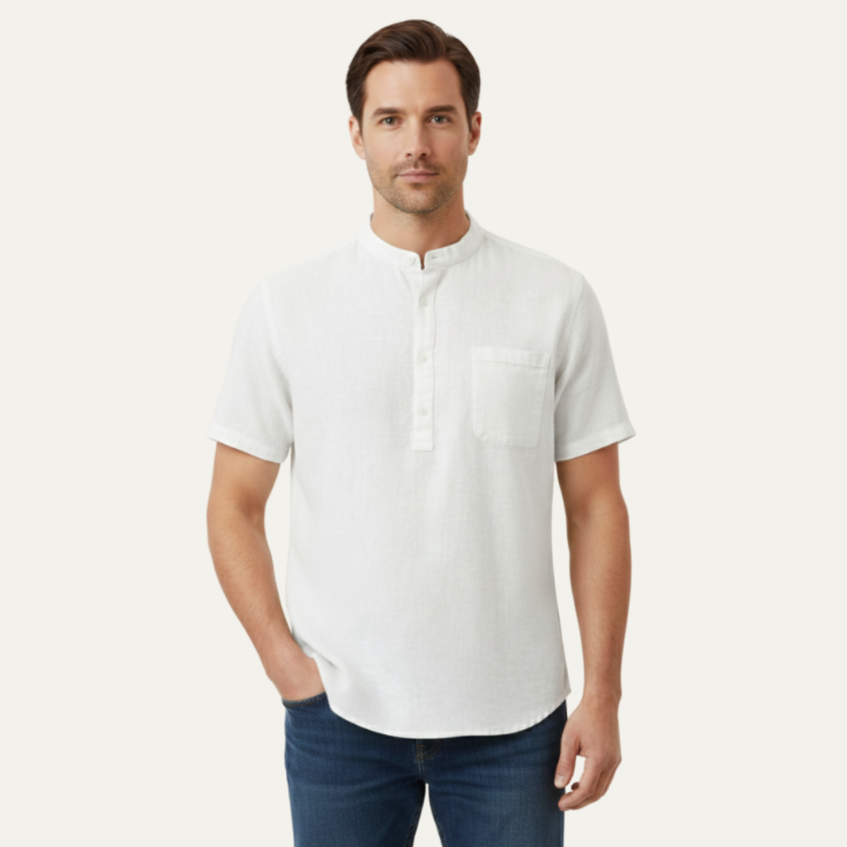 Beau | Men's Linen Henley Shirt White Short Sleeve