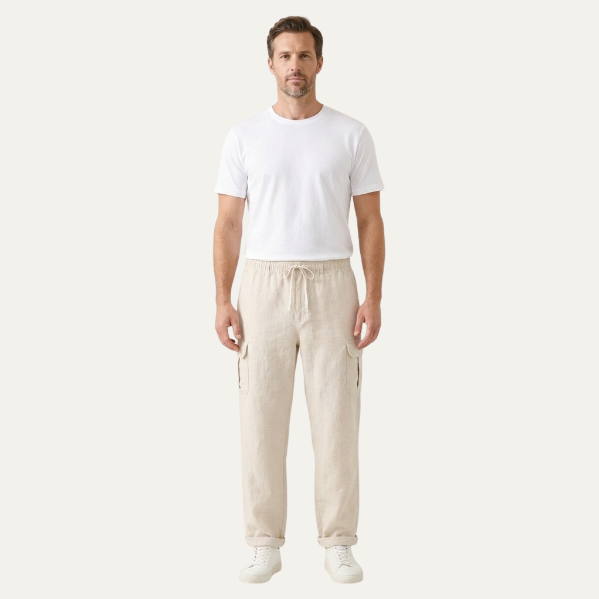 Cade | Men's Casual Linen Cargo Pants Cream Relaxed Fit