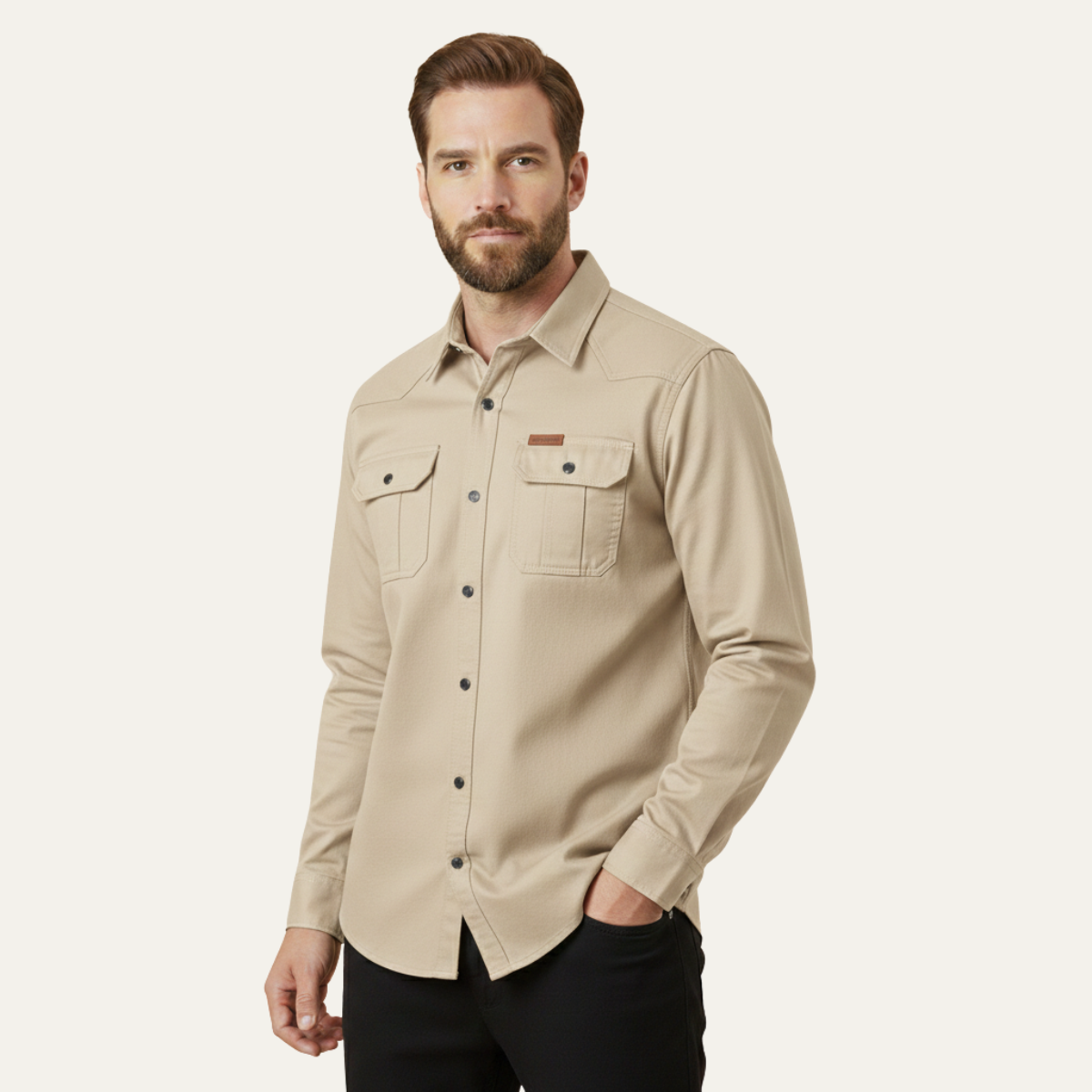 Eli | Men's Casual Denim Shirt Cream Long Sleeve Multi Pocket