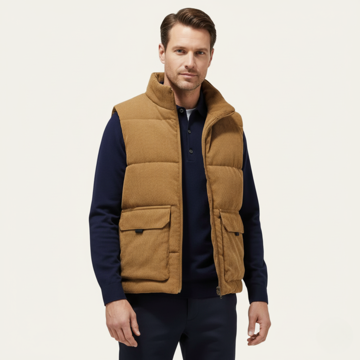 Bram | Men's Corduroy Puffer Vest Tan Sherpa Lined