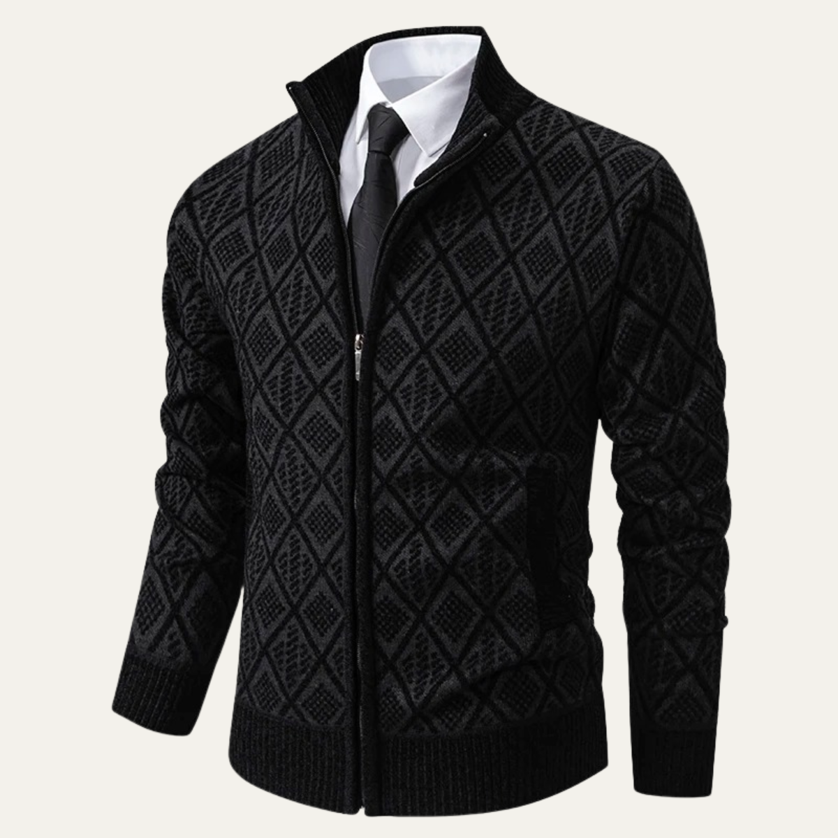 Ezra | Men's Smart Casual Diamond Patterned Cardigan Cream