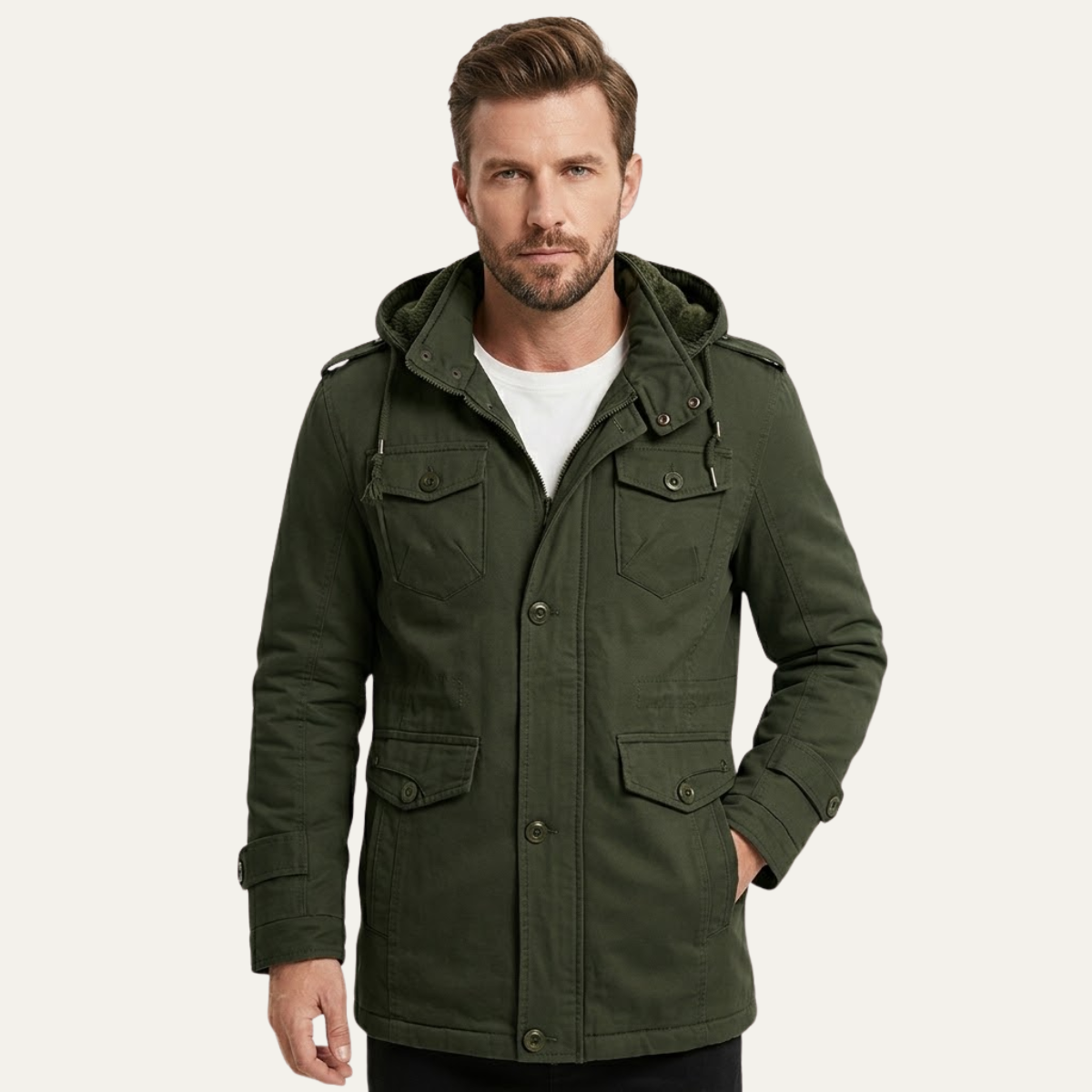 Luca | Men's Utility Jacket Khaki Fleece Lined Hooded
