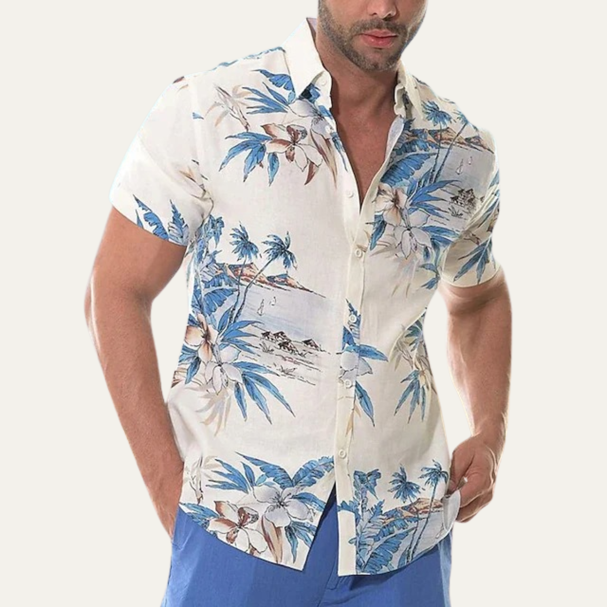 Eli | Men's Hawaiian Shirt Navy Palm Print Short Sleeve