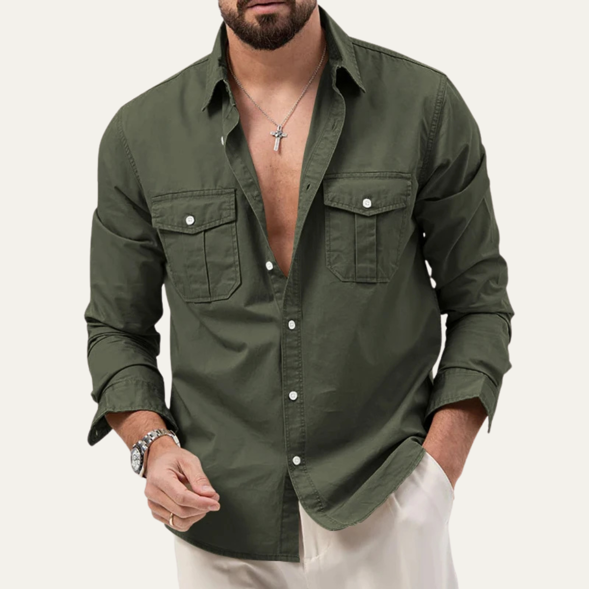 Ezra | Men's Utility Button Up Shirt Olive Long Sleeve