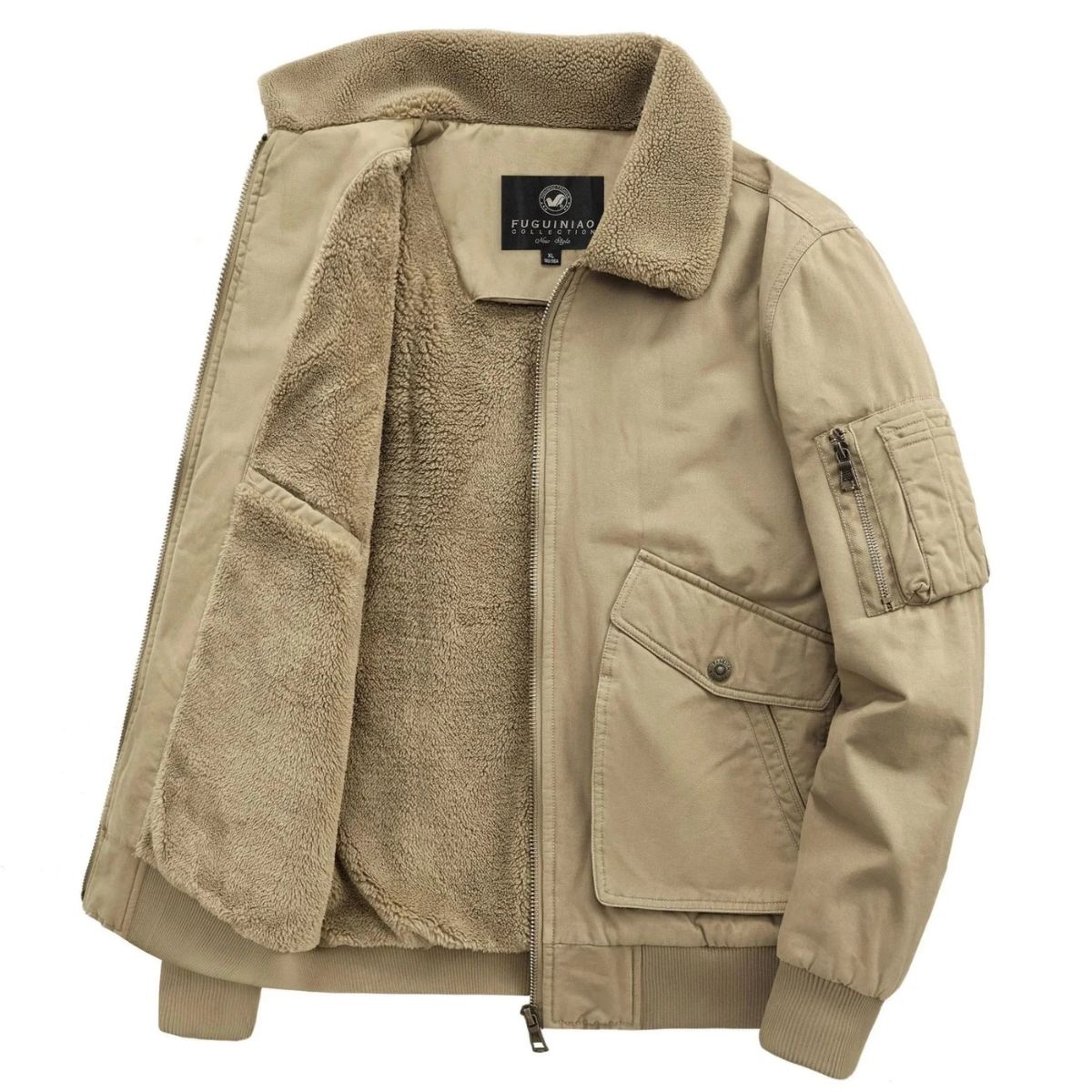 Voss | Men's Utility Bomber Jacket Cream Sherpa Lined
