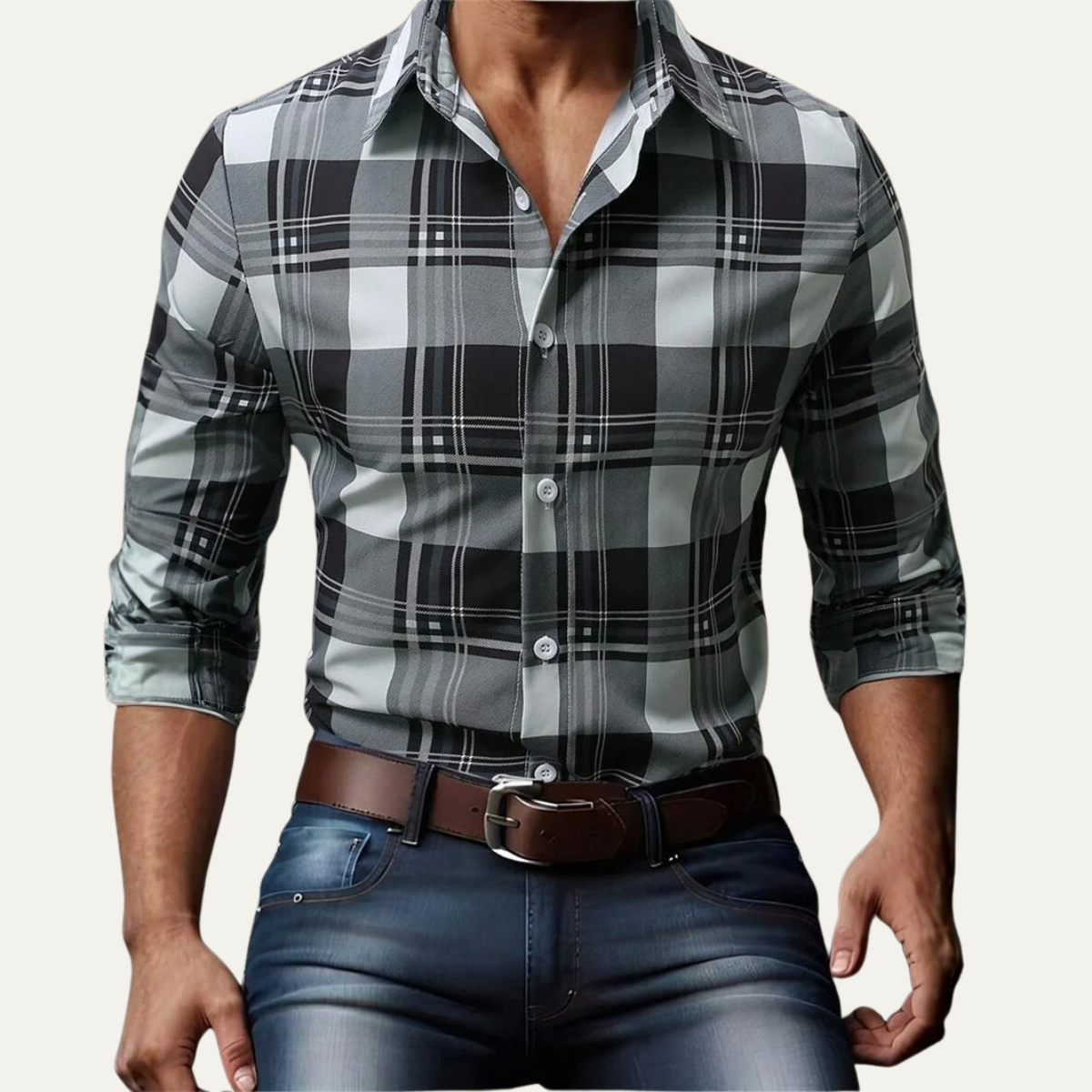 Beau | Men's Plaid Button Up Shirt Navy White Black