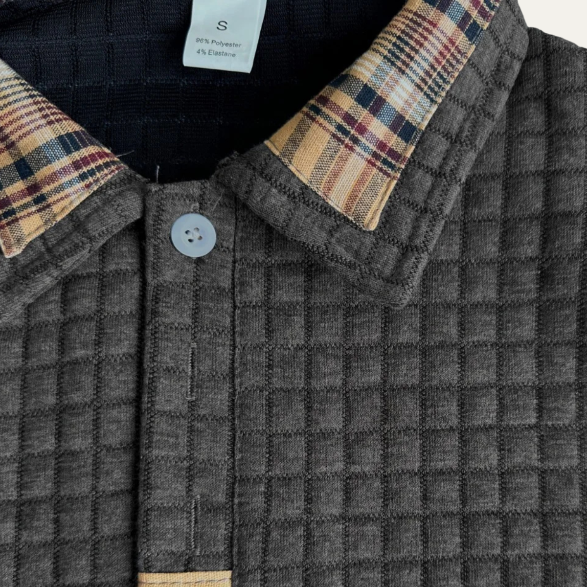 Beau | Men's Waffle Knit Polo Sweater Gray Plaid Collar