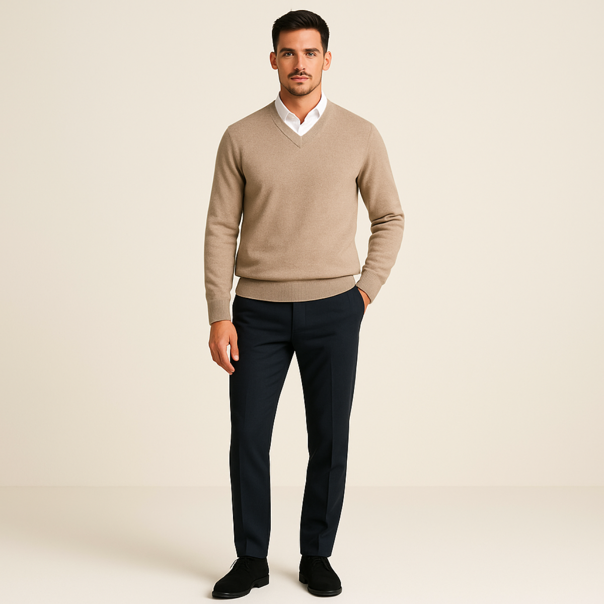 Beau | Men's V Neck Cashmere Sweater Cream