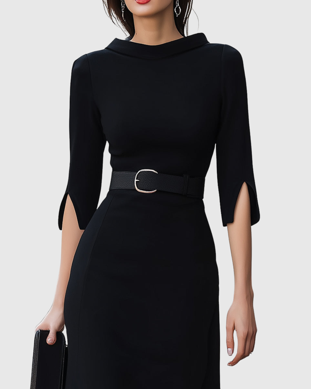 Elise | Women's Black Midi Dress Belted Cowl Neck