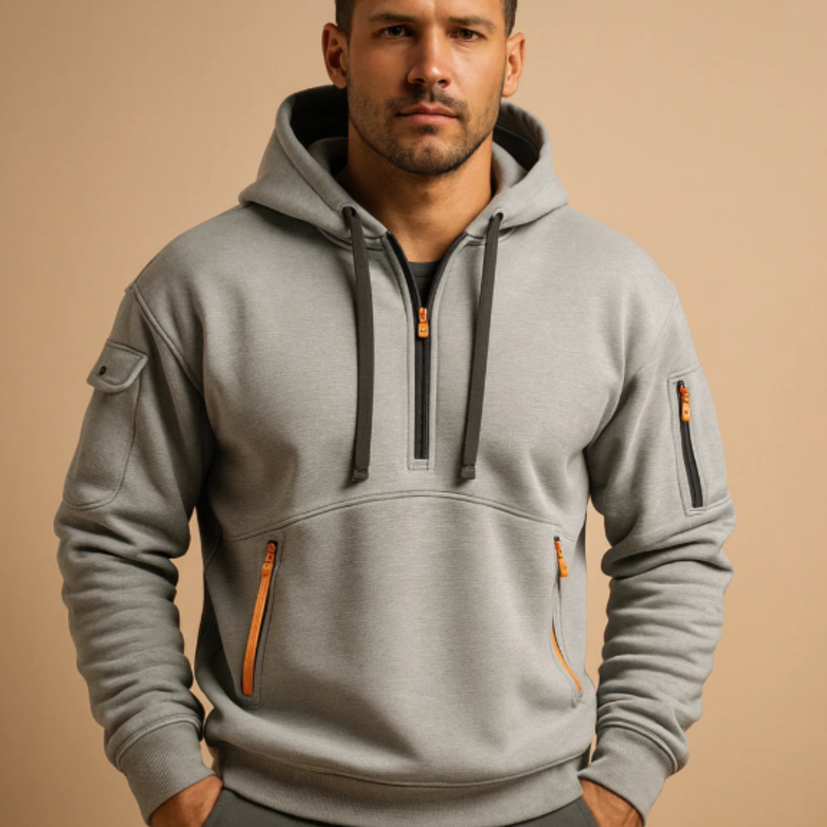 Beau | Men's Casual Half Zip Hoodie Navy Orange Zipper Pockets
