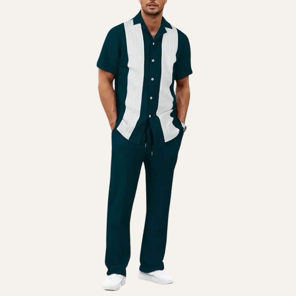 Callum | Men's Casual Striped Shirt Pants Set Beige Cream