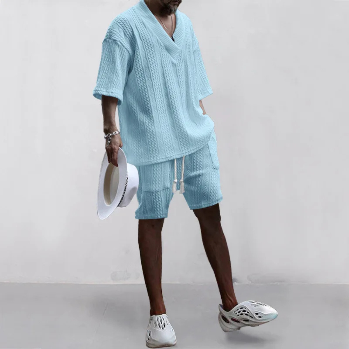 Bram | Men's Lounge Set Light Blue Cable Knit V Neck Shorts