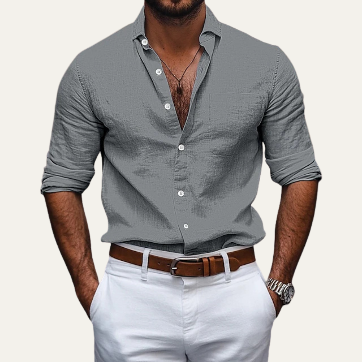 Beau | Men's Linen Button Up Shirt Light Blue Long Sleeve