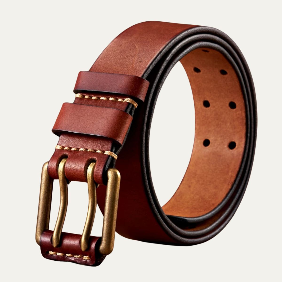 Isla | Men's Leather Belt Black Double Pin Gold Buckle